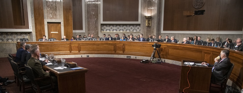 Acting Secretary of Defense Patrick M. Shanahan, Secretary of the Air Force Heather A. Wilson, Marine Corps Gen. Joe Dunford, chairman of the Joint Chiefs of Staff, and Air Force Gen. John E. Hyten, commander, United States Strategic Command, deliver testimony to the Senate Armed Services Committee on the proposal to establish a United States Space Force at the  Dirksen Senate Office Building, April 11, 2019. (DoD Photo by Navy Petty Officer 1st Class Dominique A. Pineiro)